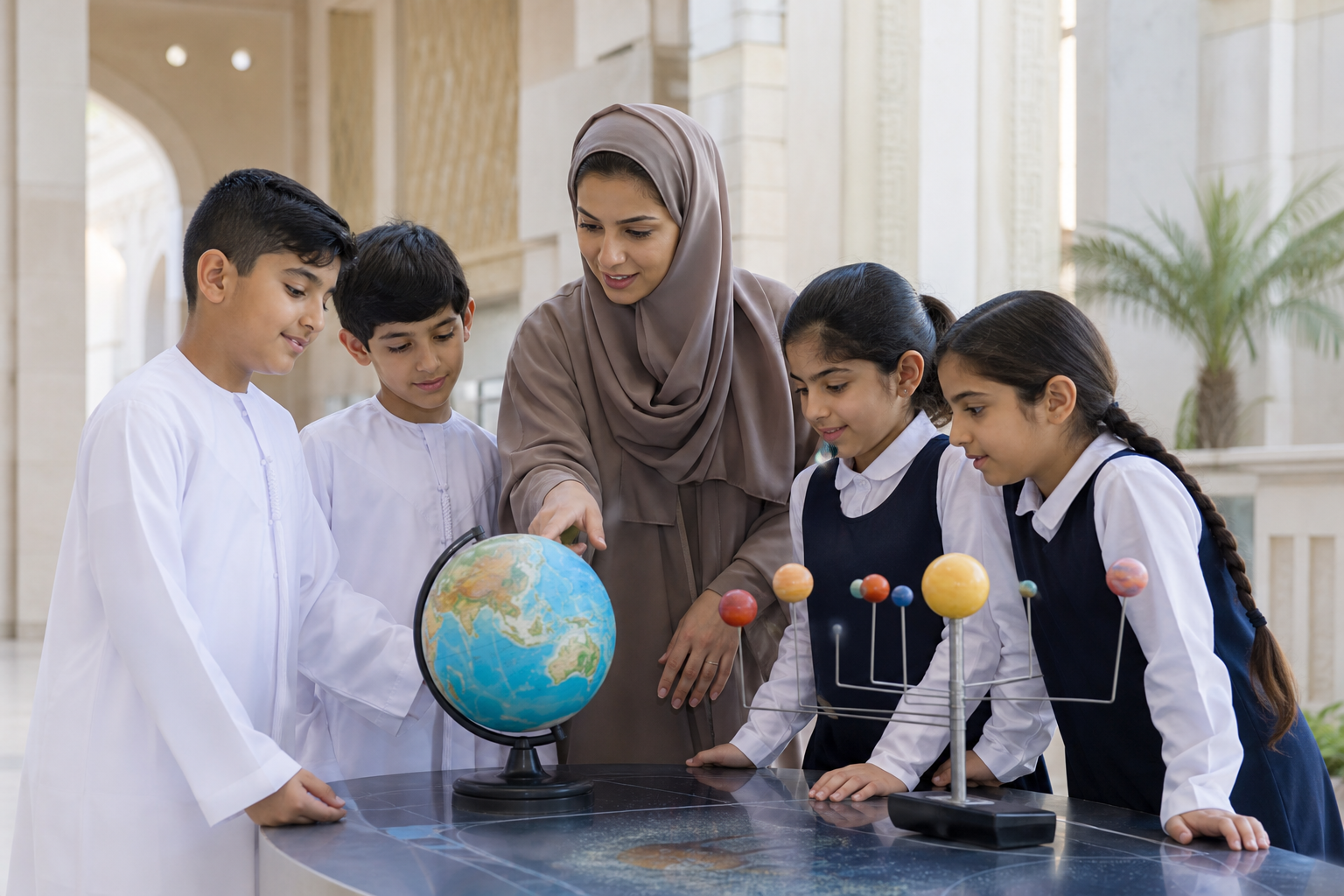 AI-generated illustration of Emirati children exploring science with an educator